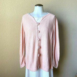 Vintage Caamano Cardigan Handknit Cotton Peach Pink Knitted Floral Button Sz: M